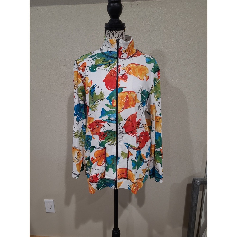 Chico's women's SZ 1 US M full-zip jacket colorful fish print on‎ White pockets